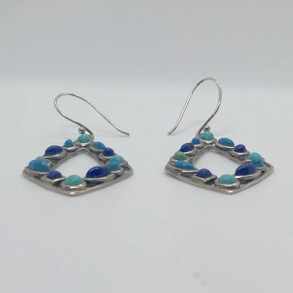 Vtg 925 Sterling Silver & Multi Colour Blue Turqouise Dangle Earrings | 2.2” - Picture 7 of 13